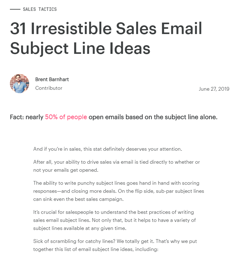 sales email subject lines Brent Barnhart B2B Content Writer