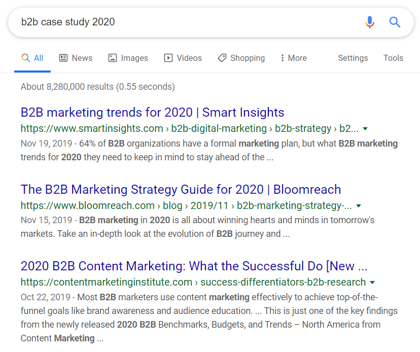 Coupled with terms such as "case study" or "2020 report," you can hone in on B2B marketing statistics from Google